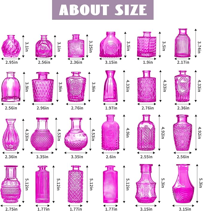 Glass Bud Vases Set of 24, Purple Vintage Small Vases for Flowers, Mini Glasses in Bulk, Small Flower Design for Centerpieces Wedding Decorations Home Flower Party Decor