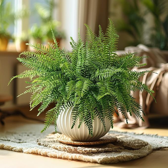 4PCS Artificial Boston Fern Fake Ferns Hanging Plant UV Resistant Inoor Outdoor Faux Shrubs 20Inch Large Faux Ferns Greenery Stems for Home Office Garden Decoration