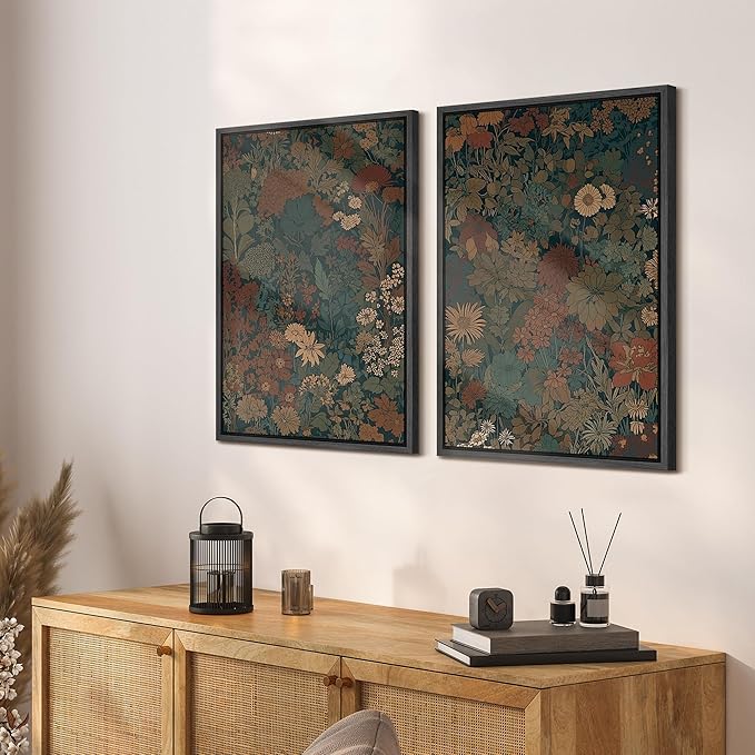 SIGNFORD Framed Canvas Print Wall Art Set Vintage Botanical Floral Dark Green and Rust Toned Illustration Modern Art Decorative Nordic Nature for Living Room, Bedroom, Office - 24"x36"x2 Black