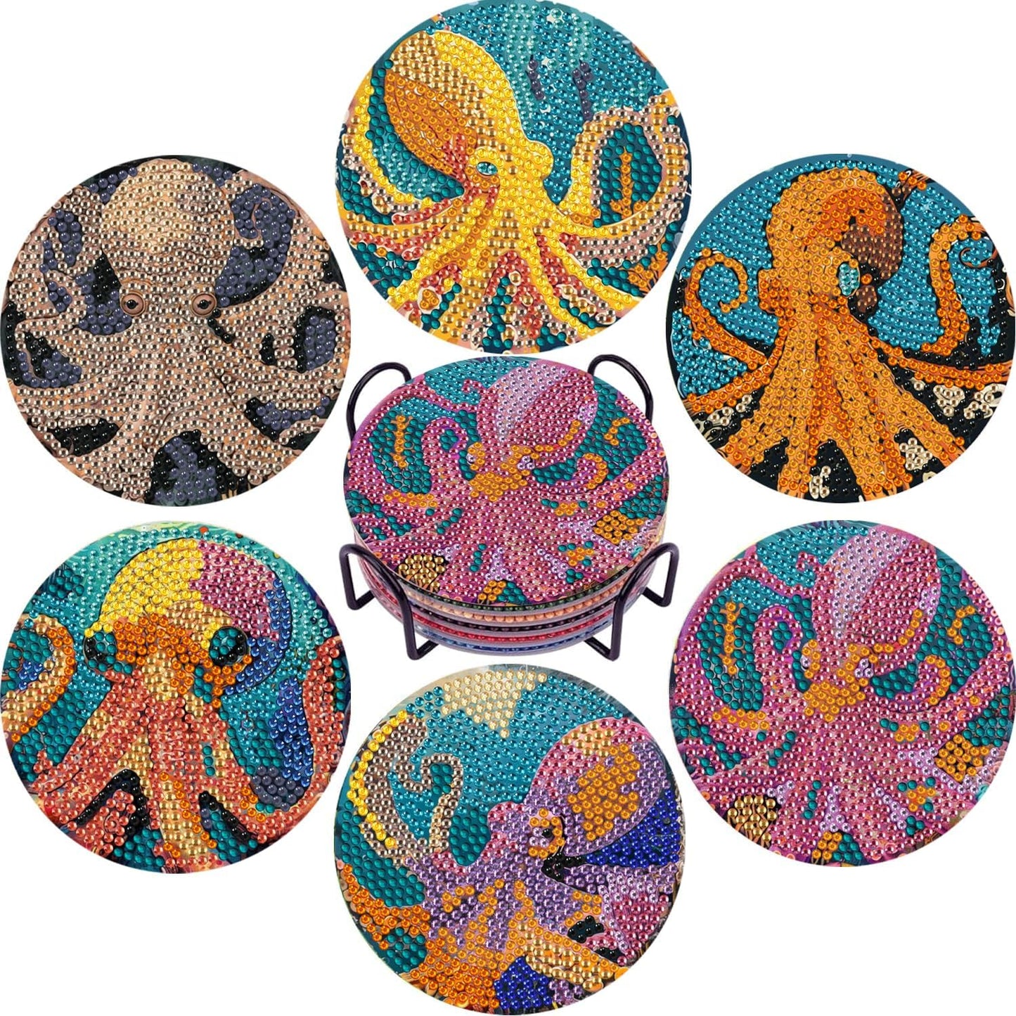 Leatrice Diamond Art Coasters Set of 6, Small Diamond Painting Kits for Adults Beginners, Cork Coaster for Drinks Gem Art Coasters with Holder Home Decor for Octopus