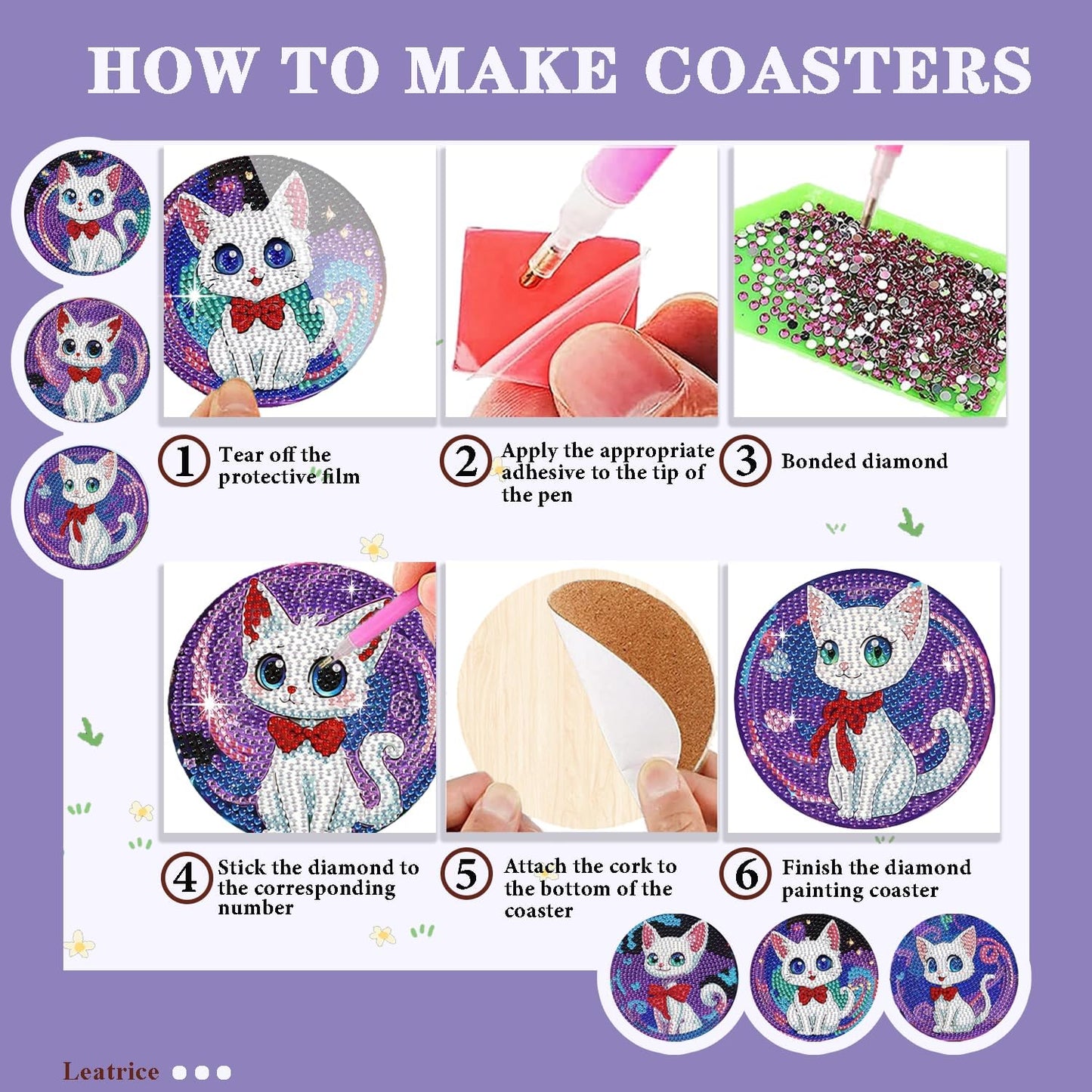 Leatrice 6PCS Cat Diamond Art Coasters Small Diamond Painting Kits for Adults Diamond Dots Round Full Drill Diamond Coasters with Holder Easy Art Crafts for Beginners Women