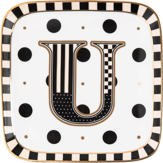 MACKENZIE-CHILDS Monogram Dish, Decorative Ceramic Letter Plate, 5 3/4" Square, U