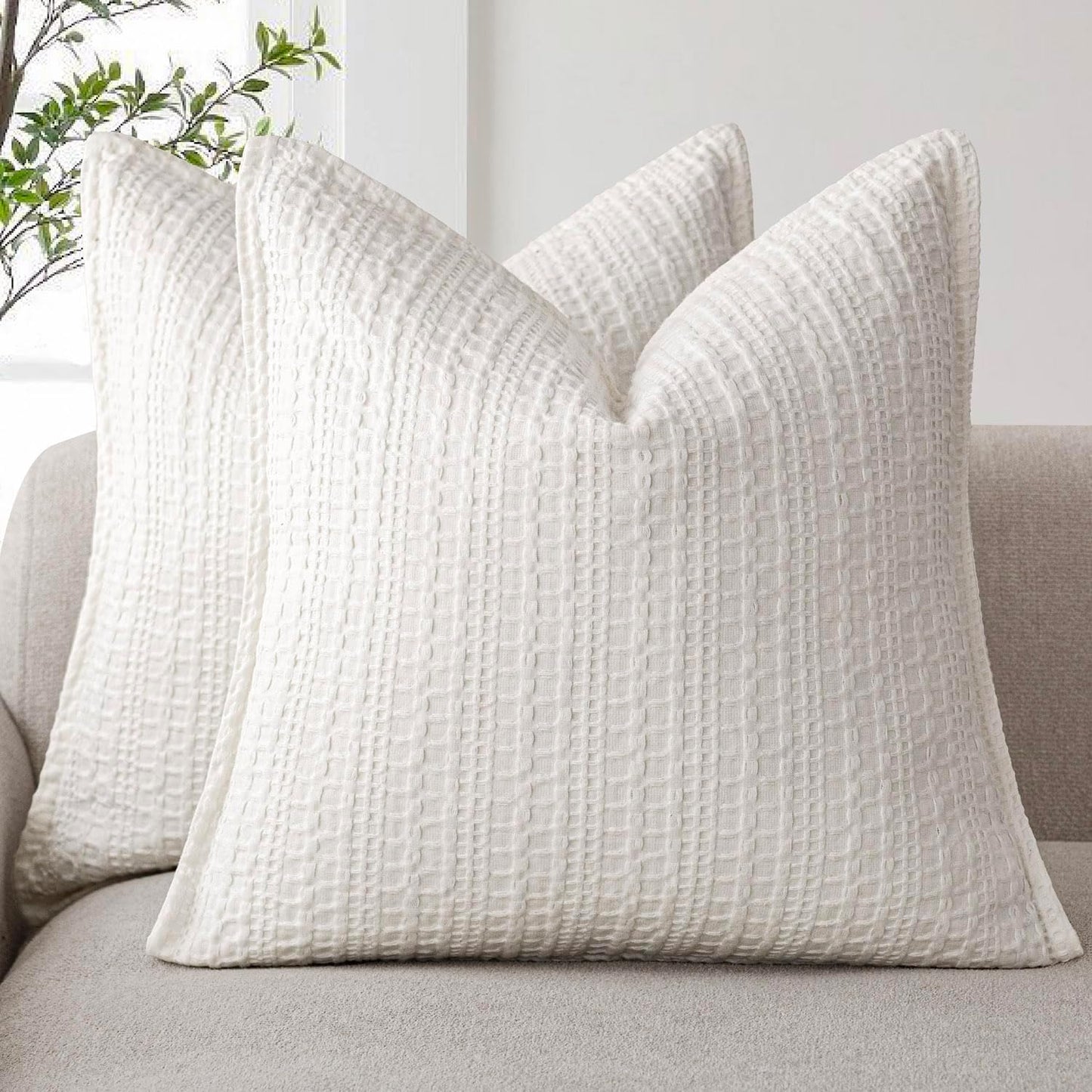 Foindtower Set of 2 Decorative Cotton Waffle Weave Throw Pillow Covers Euro Shams Cushion Covers Accent European Pillowcase for Bed Couch Sofa Bedroom Living Room Home Decor 26×26 Inch Cream White