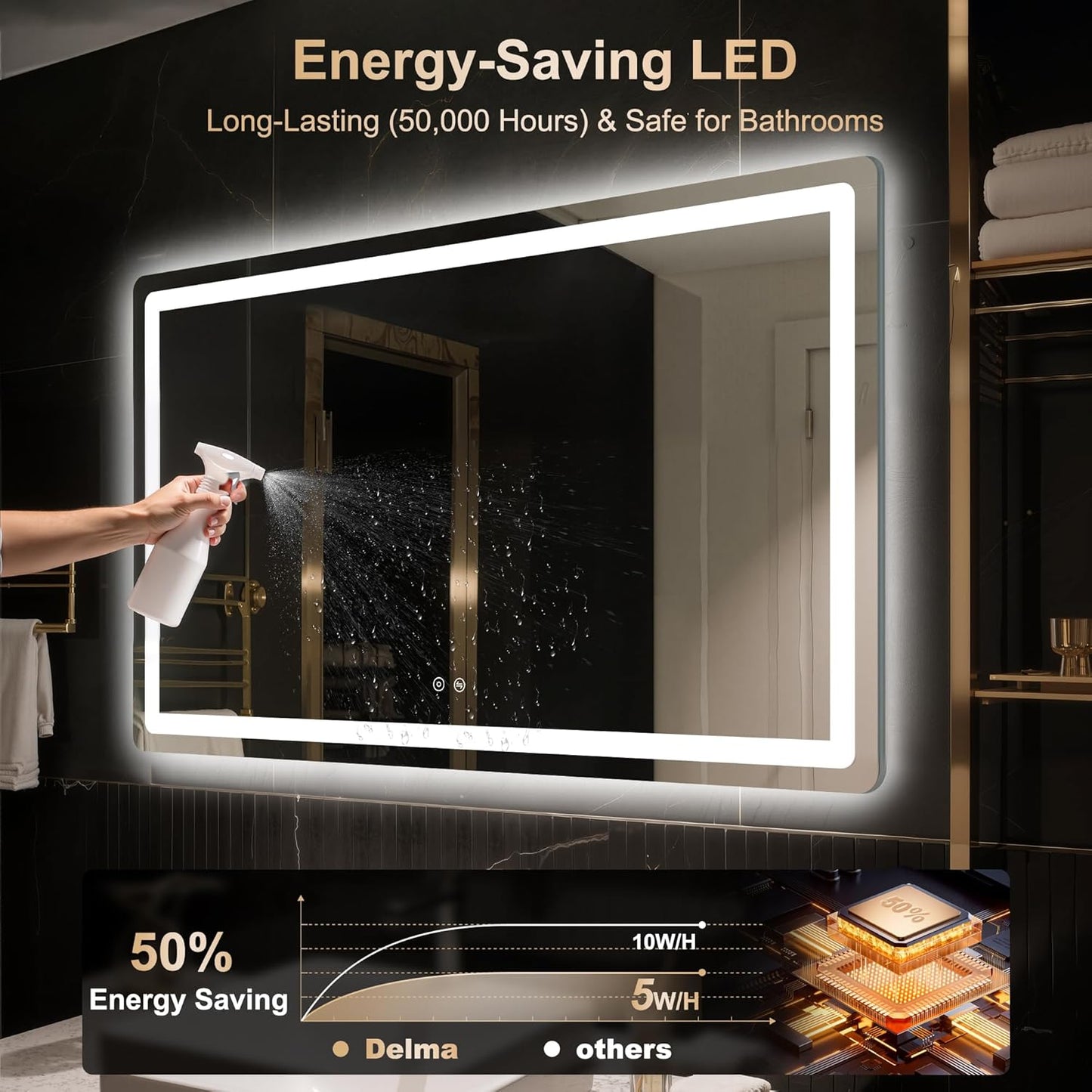 Delma LED Bathroom Mirror with Lights, 30x50 Vanity Mirror for Bathroom Wall, Anti-Fog, Dimmable, Front Lit & Backlit, Memory Function, Shatterproof Tempered Glass, 3 Color Modes(Horizontal/Vertical)