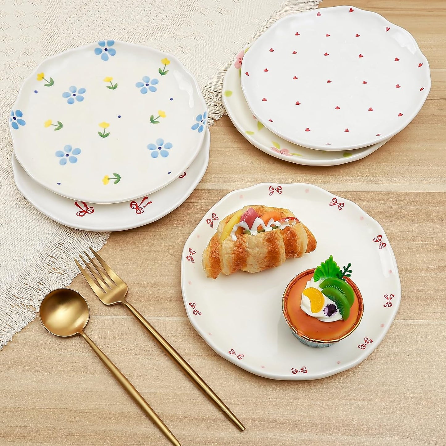 Koythin Ceramic Dessert Plates, Cute Fruits Dinner Plate, Creative Plates Design, Printed Flowers Dinnerware for Office and Home, Kitchen Plates for Desserts (Yellow Tulip Blue Flowers)