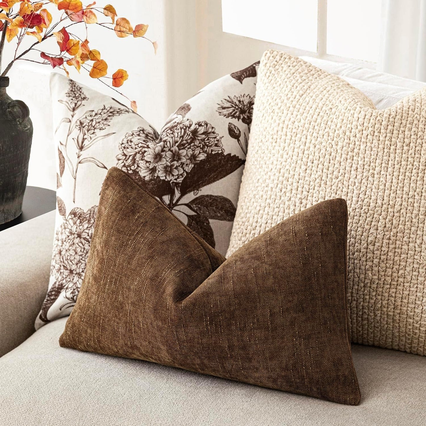 Foindtower Set of 2 Textured Chenille Throw Decorative Pillow Covers Square Accent Solid Cushion Cover Neutral Farmhouse Lumbar Pillow Case for Couch Sofa Bedroom Living Room 12x20 Inch,Dark Bronze