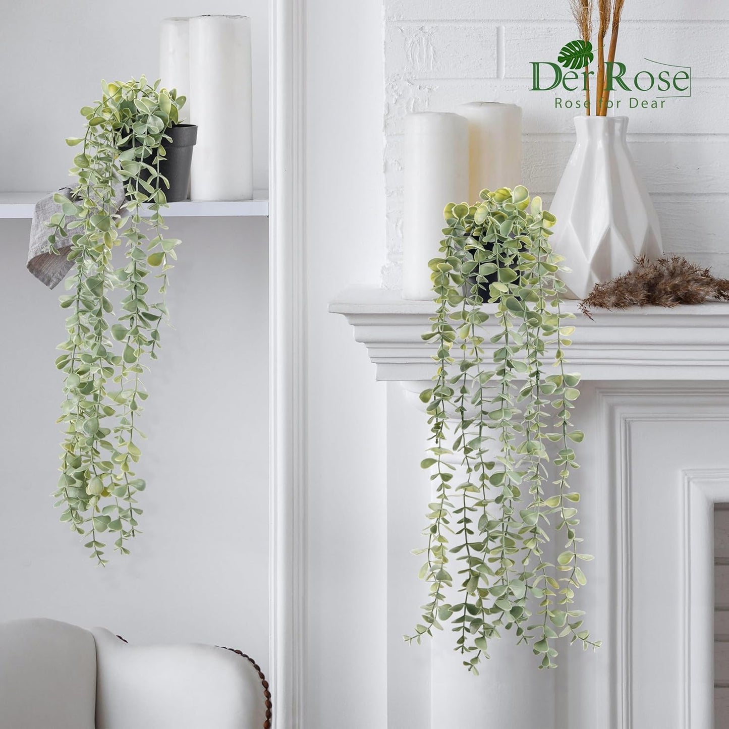 Der Rose 3Pcs Fake Plants Hanging Artificial Decor Faux Potted Eucalyptus Plants for Boho Bathroom Home Office Desk Wall Shelf Bookcase Accessories Decor Indoor