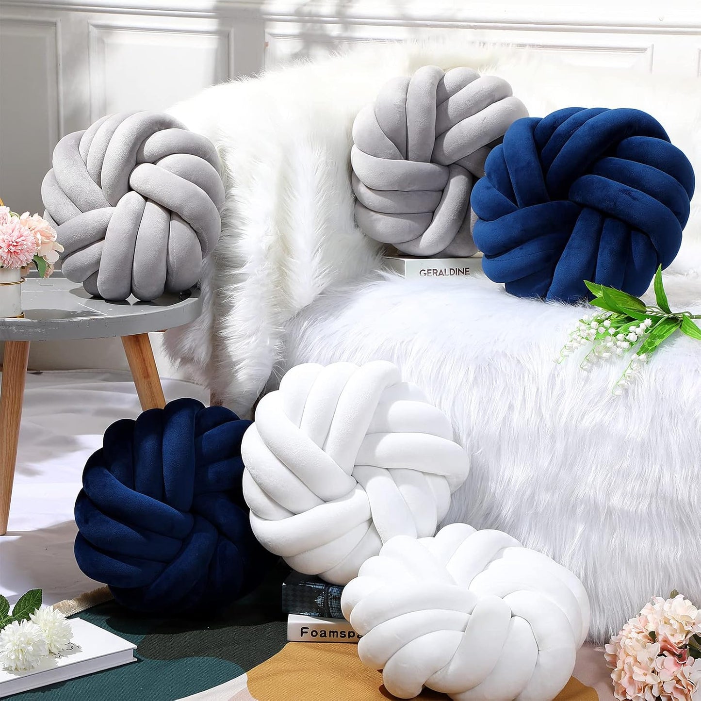 Fumete 2 Pcs 14 Inches Knot Pillow Round Throw Soft Plush Knot Ball Pillow Handmade Knotted Modern Home Decorative Cushion for Bed Bedroom, Sofa, Couch (White)