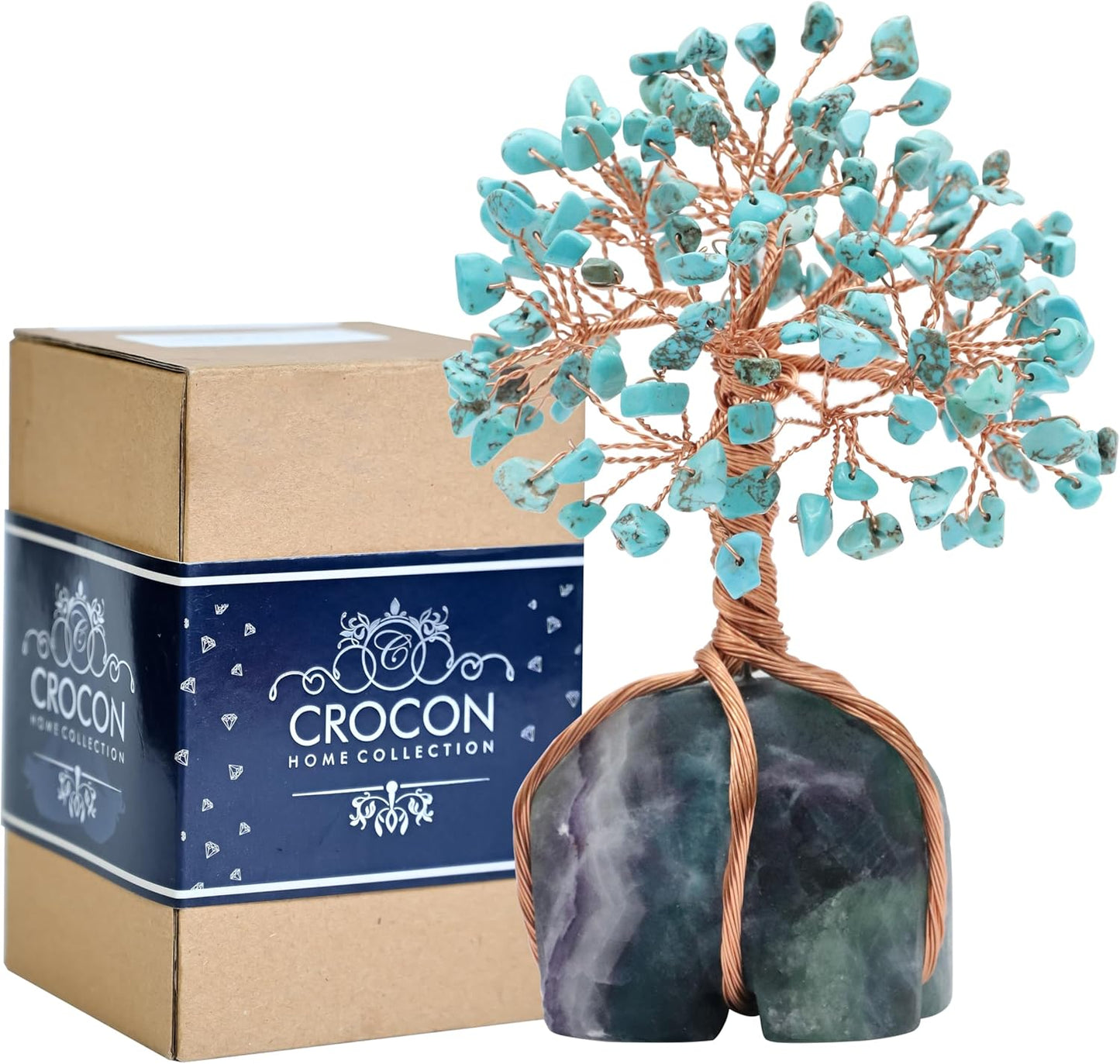 Crocon Howlite Green Turquoise Gemstone Money Tree with Fluorite Rough Wire Wrapped Base | Feng Shui Bonsai | Ornament Figurine | Chakra Balancing | Reiki Crystal Healing | Spiritual | Decor Size 5-6"