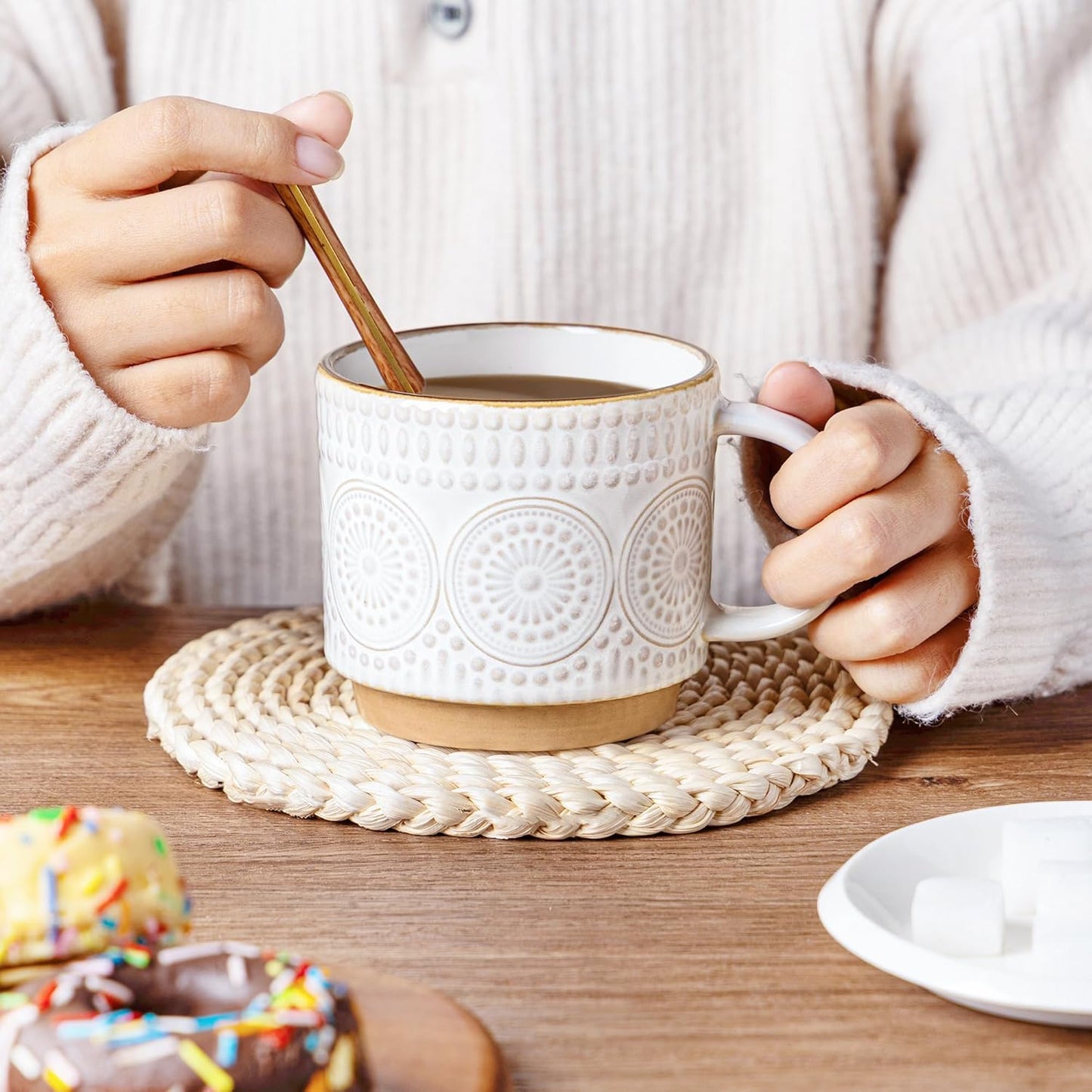 GBHOME 12OZ Stackable Coffee Mugs, Ceramic Coffee Mugs with Texture Patterns for Man,Woman,Dad,Mom, Modern Coffee Mugs Set of 4 for Latte/Cappuccino/Cocoa. Dishwasher&Microwave Safe