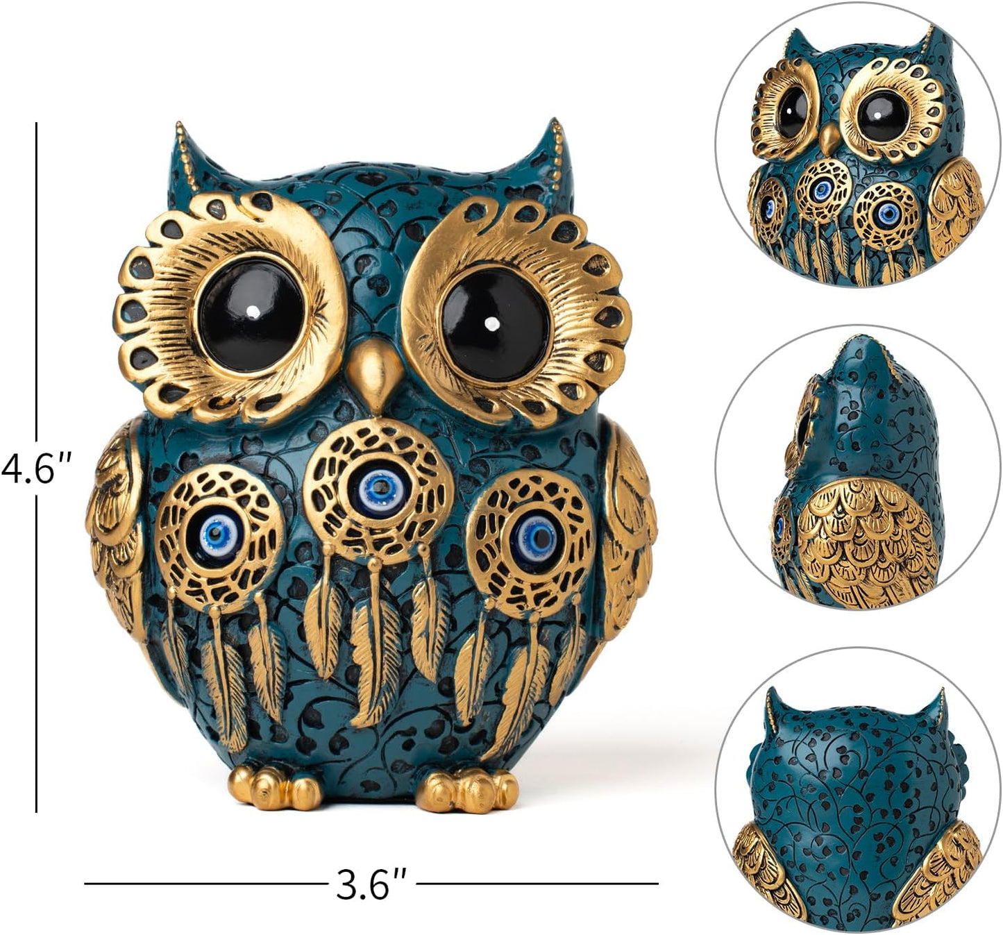 Decorative Owl Figurine, Vintage Blue and Gold Owl Statue Home Decor - Evil Eye Accent for Bookshelf, Bedroom, Living Room, Office & Table. Cute Small Animal Sculpture Gift for Birds Lovers.(Blue)