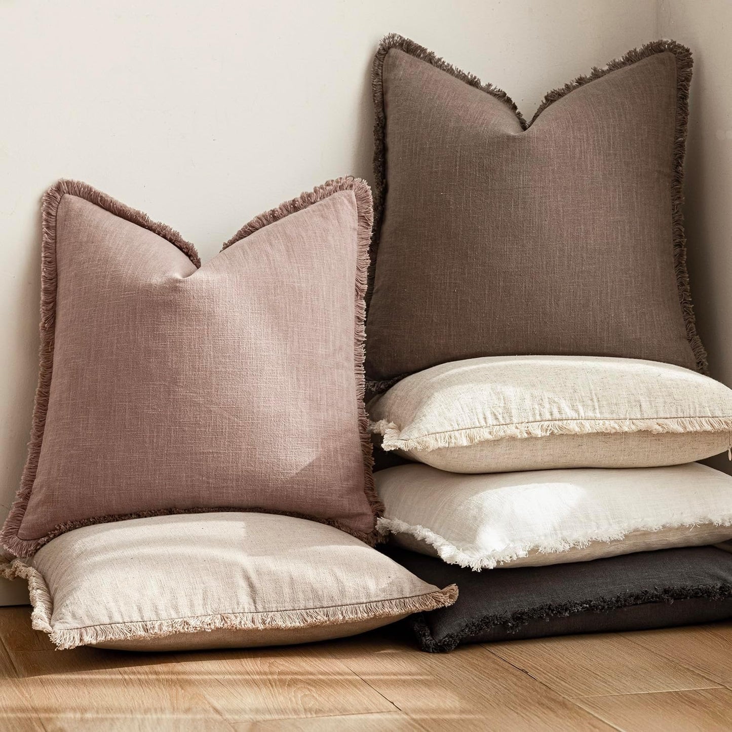 Foindtower Decorative Linen Fringe Throw Pillow Covers Cozy Boho Farmhouse Cushion Cover with Tassels Soft Accent Pillowcase for Chair Sofa Bed Living Room Home Decor, 18×18 Inch,1PC,Dusty Pink