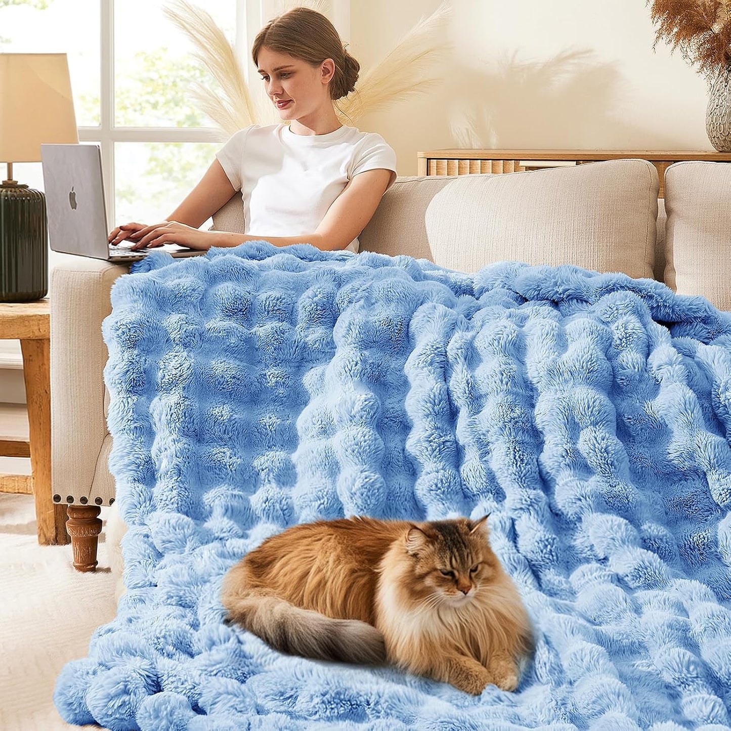 L'AGRATY Faux Fur Throw Blanket: 50" x 60" Luxury Soft Fluffy Rabbit Fur Blankets Twin for Couch Bed Sofa - Cozy Plush Bubble Blankets for Winter: Flannel Fleece Decorative Blanket(Airy Blue)