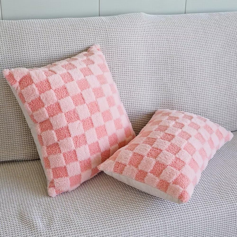 Faux Fur Plush Decorative Throw Pillow Covers 18x18 Square Checkered Soft Faux Fur Pillow Covers for Couch Christmas Set of 2 Pink-Z x2