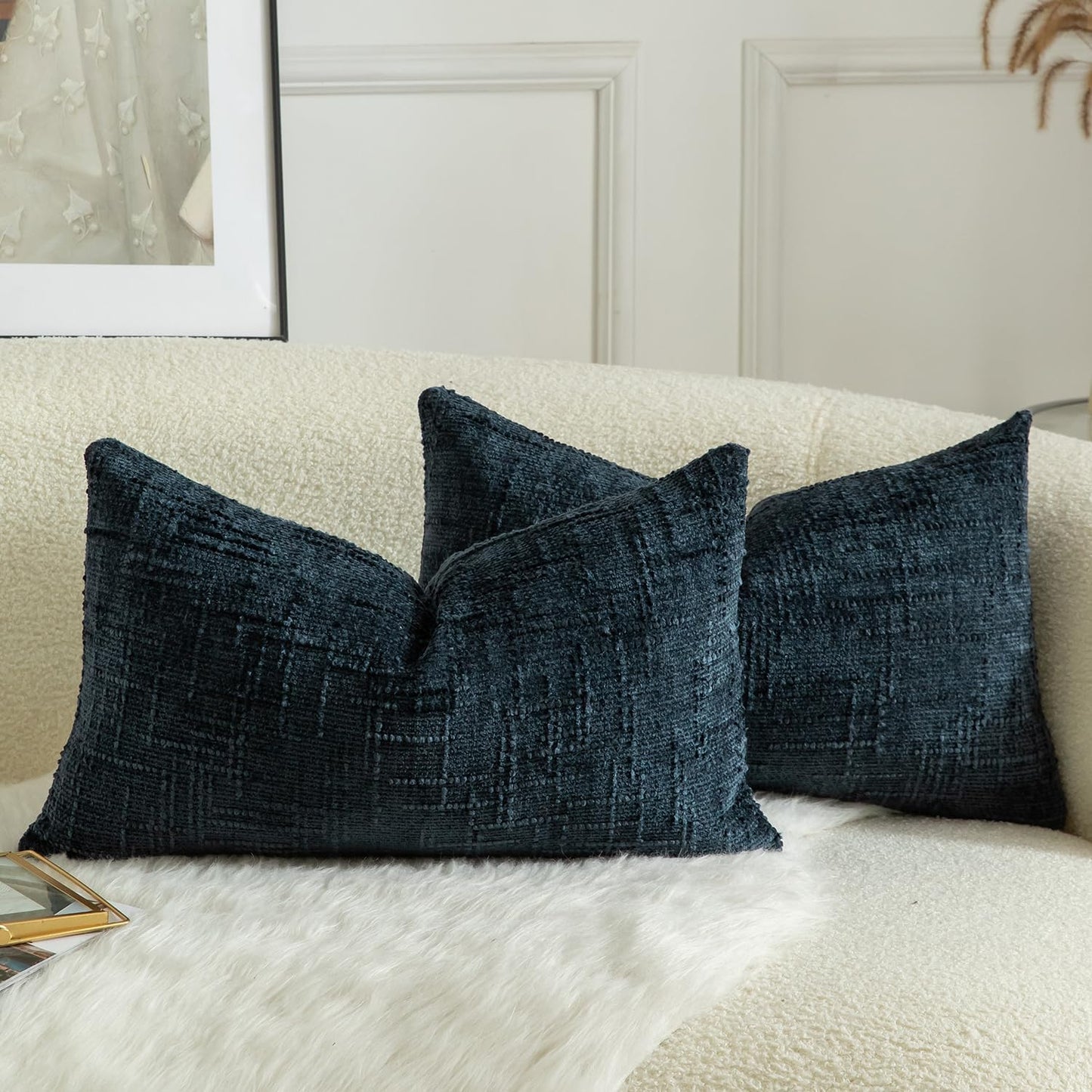 MANDIOO Pack of 2 Soft Chenille Textured Throw Pillow Covers Lumbar Accent Solid Decorative Cushion Cover Cozy Farmhouse Pillow Case for Couch Sofa Bed Living Room 12x20 Inch Dark Blue