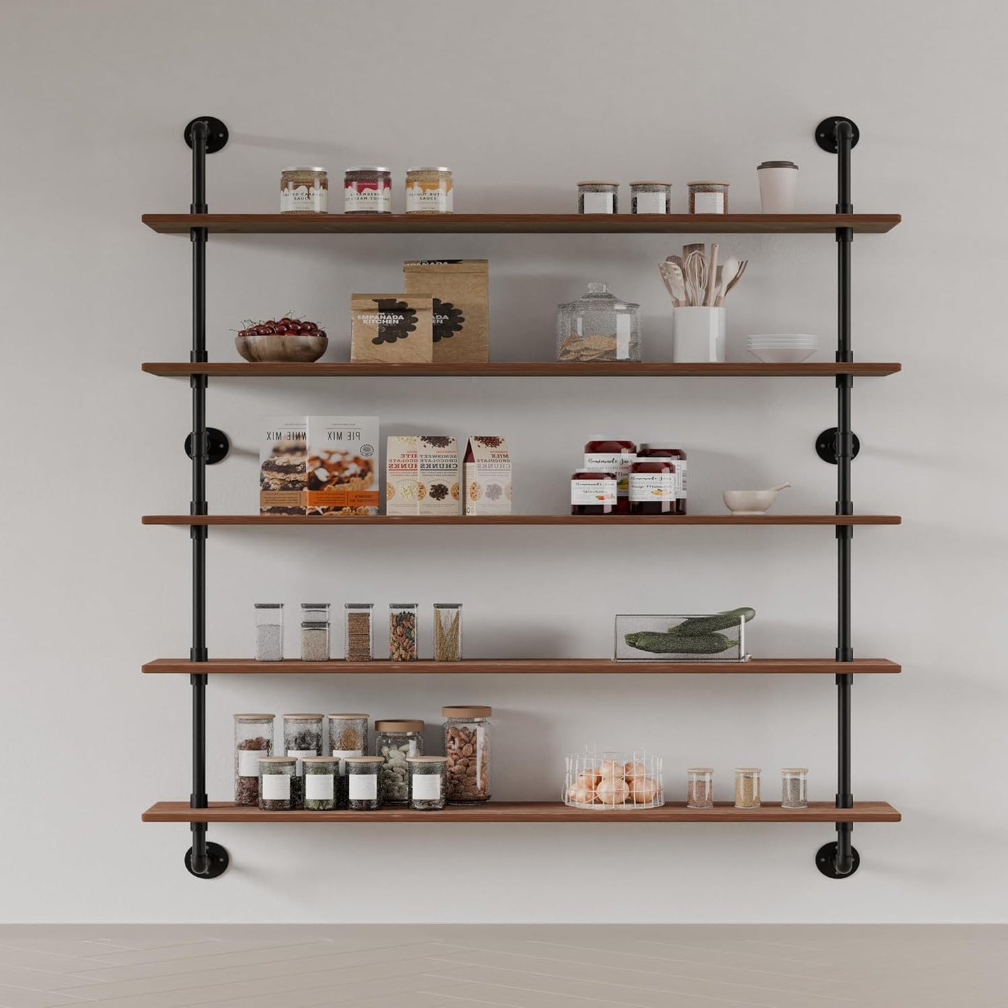 Floating Shelves for Wall Bookshelf Industrial Pipe Shelving Shelves 48 Inch 5 Tier Natural Wood Planks Rustic Wall Shelves Hanging Bookshelves Farmhouse Kitchen Shelving