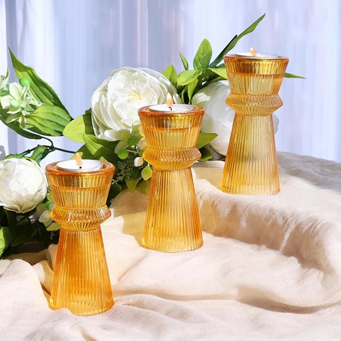 VOHO Vintage Ribbed Taper Candle Holders Set of 3, Boho Amber Candle Sticks Holder Decor Fall Centerpieces for Tables Thanksgiving, Minimalist Tapered Candlestick Holders for Tea Light & Taper Candles