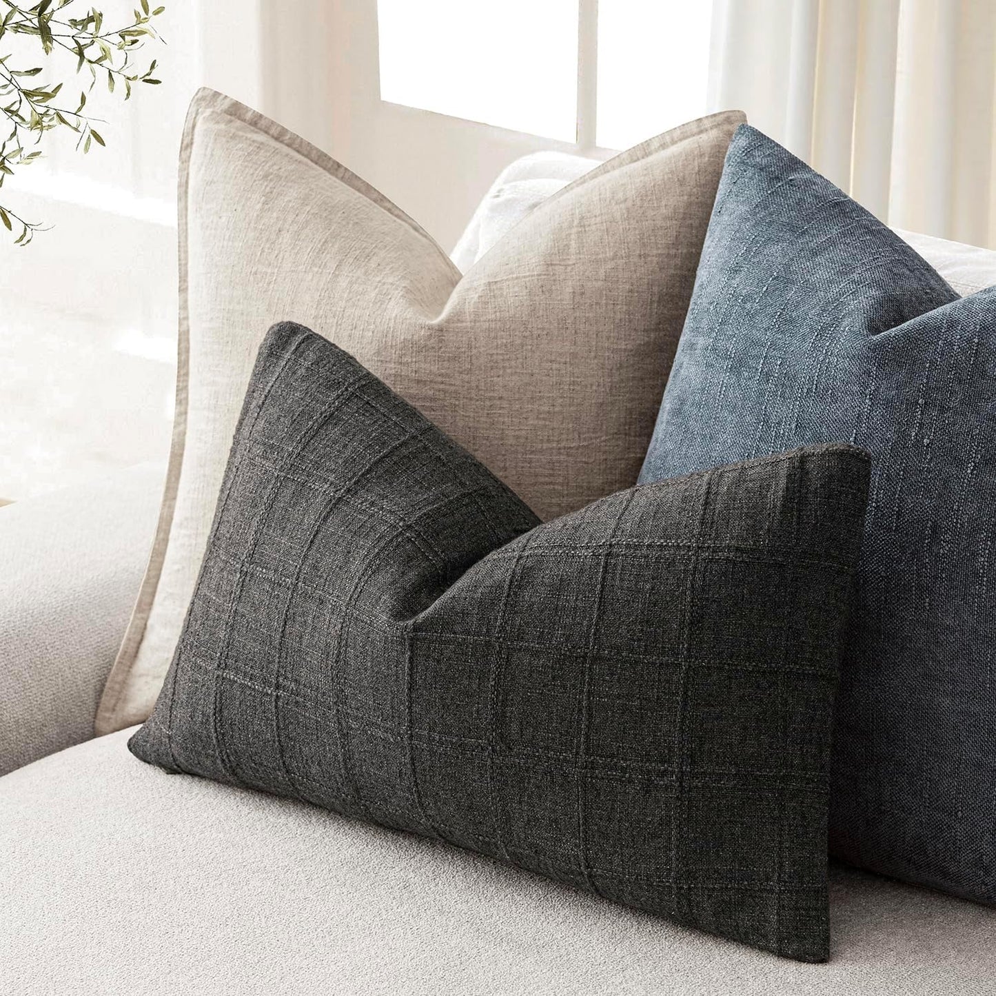 Foindtower Set of 2 Decorative Linen Check Throw Pillow Covers Neutral Farmhouse Lumbar Cushion Covers Modern Boho Home Decor for Sofa Chair Couch Bedroom Living Room,12×20 Inch,Charcoal