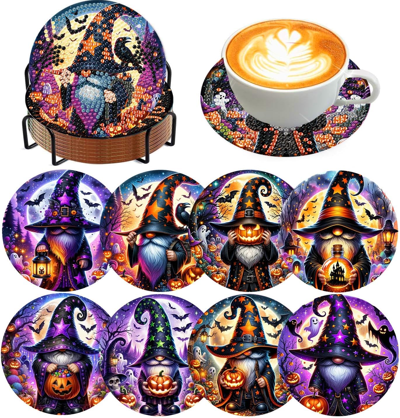 Meothan 8 Pcs Halloween Diamond Art Coasters Kits for Aldults with Holder Cork Pads, DIY Gnomes Diamond Dots Painting Coasters Crafts Kits for Home and Office Decor Gifts 4x4in