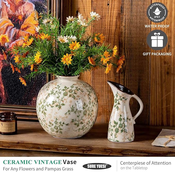 Set of 2 Vases, Green and Beige Pastoral Vintage Vase Set for Flowers, Rustic Farmhouse Decorative Vases for Home Decor, Chinoiserie Floral Vase, Living Room Table Centerpiece