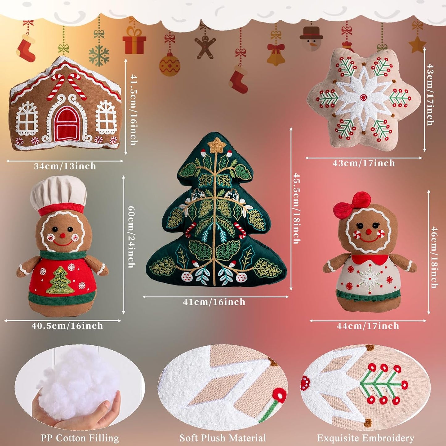 Lanpn Christmas Throw Pillows Set of 5, Christmas Decoration Winter Throw Cushions Snowflake Gingerbread Man 3D Shaped Xmas Tree Pillow for Sofa Living Room Bedroom Xmas Decor