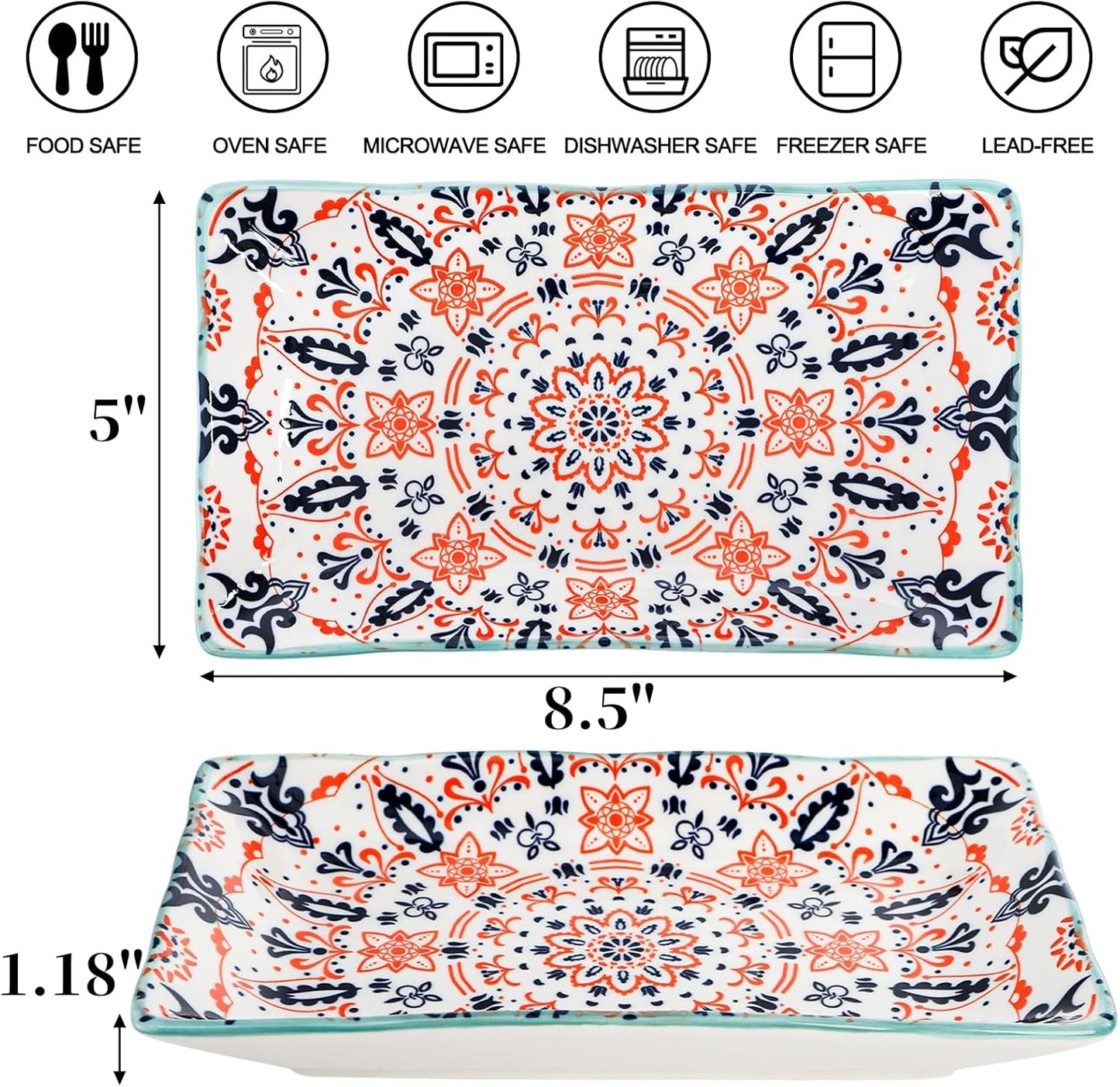 Goaste 6 Pack Ceramic Rectangular Dessert Plates, 8.5 Inch Colorful Salad Plates Set, Porcelain Serving Platter Trays for Appetizer, Sushi, Fruit, Cake, Microwave Oven Dishwasher Safe, Assorted Colors