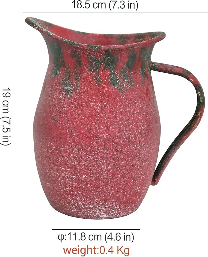 BIG FORTUNE Decorative Pitcher Vase Large Rustic Farmhouse Vase for Flowers Vintage Metal Milk Jug Vintage Decorative Pitcher Kitchen Decorations (Red)