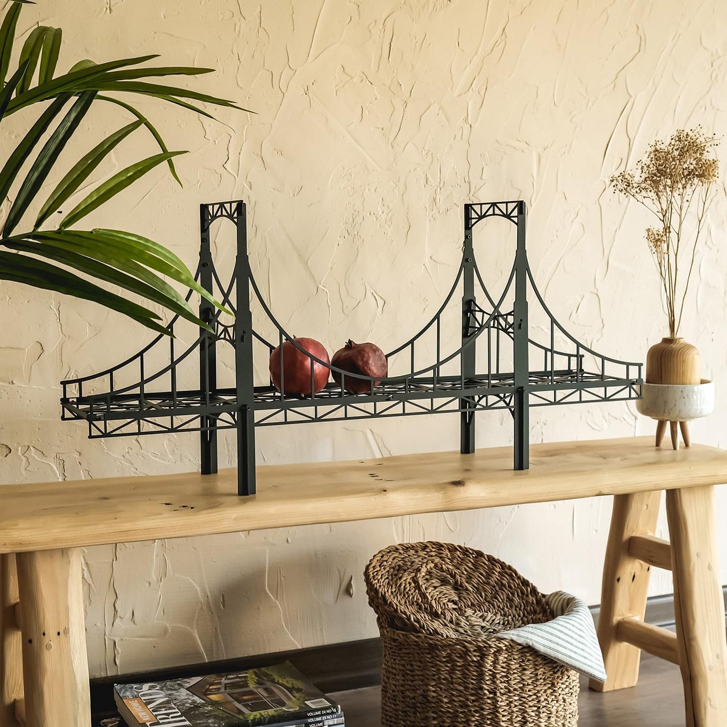 Metal Bridge Shelf – Iron Floating Shelf for Wall or Desk Use – Decorative Storage Rack for Books, Plants & Home Decor – Wall-Mounted or Tabletop Display (Warsaw Black)