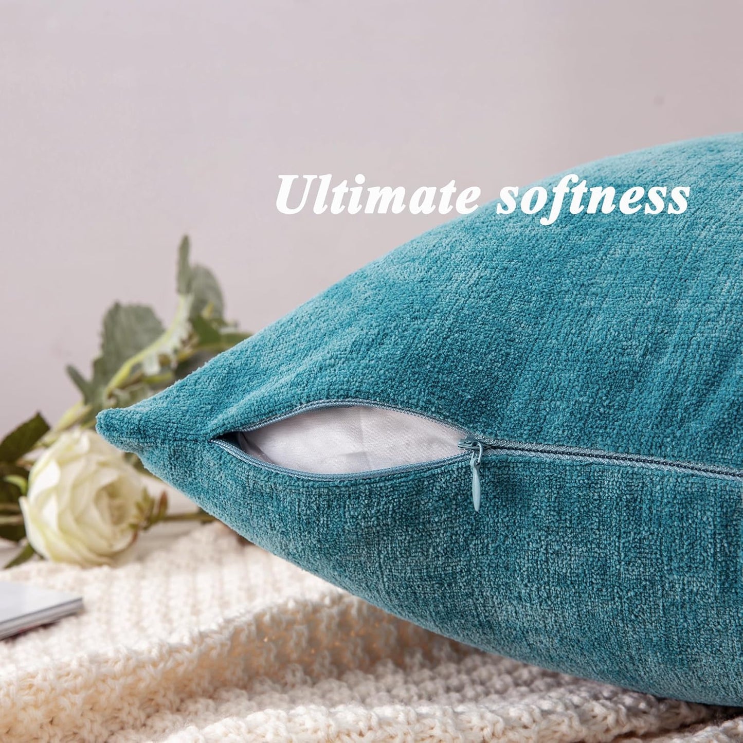 GAWAMAY Decorative Chenille Throw Pillow Covers 26x26 Inch Pack of 2, Soft Square Couch Pillow Cover for Sofa Cushion Living Room Bedroom Solid Dyed Oversized Pillowcases Teal 66x66cm (ONLY Covers)