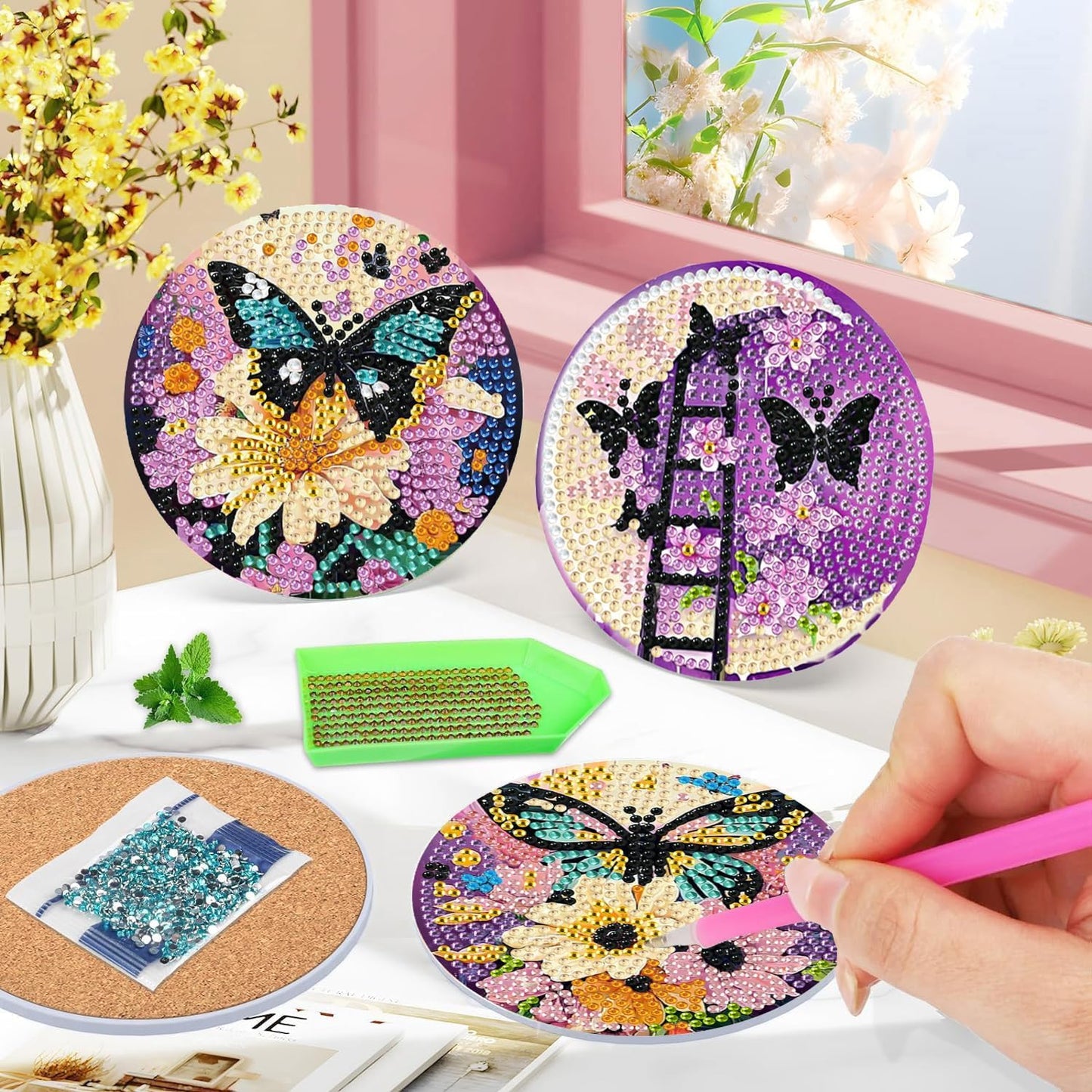 DOTSOPS 6 Pcs Diamond Art Kits for Adults - Diamond Art Coasters with Holder for Adults Beginners Diamond Craft for Christmas Birthday(Butterfly Moon)