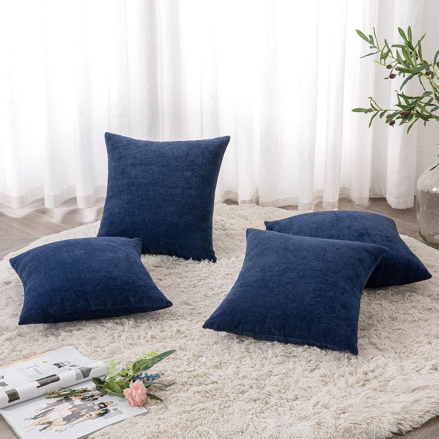 GAWAMAY Decorative Square Throw Pillow Covers 18"x18" Inch Set of 4, Super Soft Chenille Pillows Farmhouse Fall Pillowcase for Living Room Bedroom Sofa Couch Cushion Cover Navy Blue 45x45cm