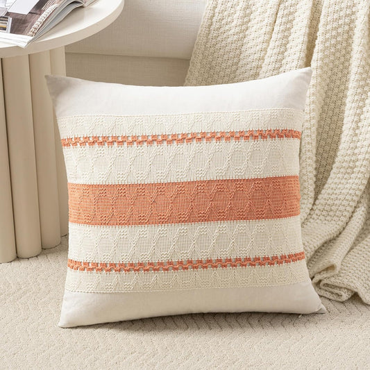 Fancy Homi Set of 1 Boho Coral Decorative Throw Pillow Cover 20x20 Inch for Couch Bed Sofa, Aesthetic Modern Organic Farmhouse Home Decor, Soft Cotton Cute Accent Macrame Woven Cushion Case