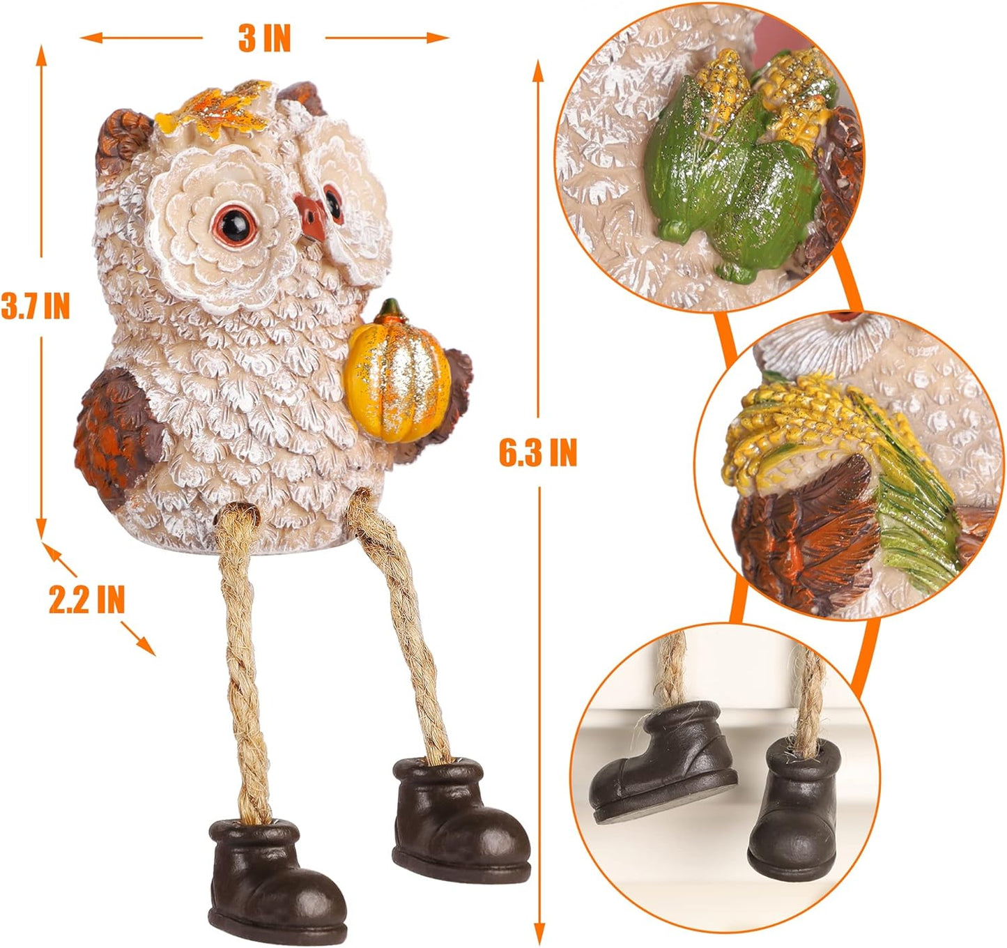 Lulu Home Thanksgiving Figurines, Set of 3 Resin Owl Shelf Sitters with Dangling Legs, Wheat Maize Pumpkin Harvest Sculpture for Window Sill Kitchen Tabletop Autumn Home Decor