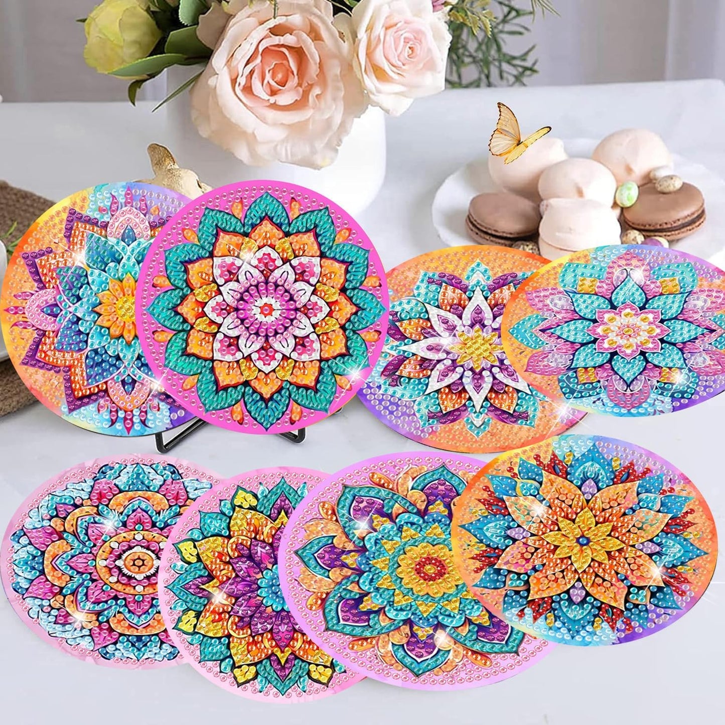Meothan 8 Pcs Diamond Art Coasters Kits for Adults with Holder Cork Pads, Flowers Diamond Dots Art Painting Coasters Crafts Kit for Home Office Decor (Mandala Style)