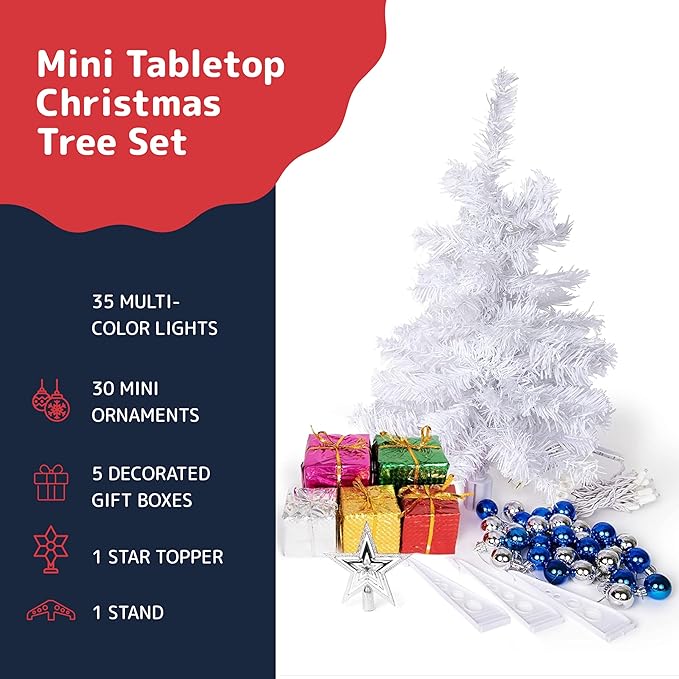 23-Inch Mini White Christmas Tree with Warm-White LED Lights - Small Xmas Decor with Lights and Star Treetop - DIY Tabletop Little Christmas Tree, Decorated Gift Boxes and Hanging Ornaments