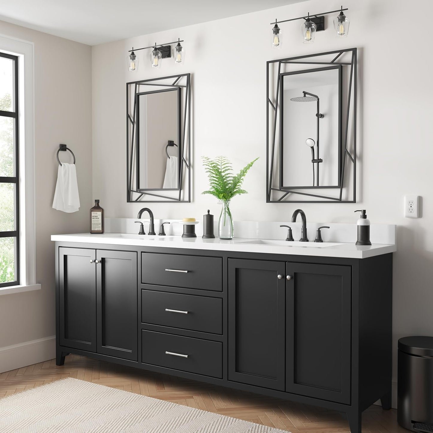 Black Bathroom Mirror for Wall 28''X20'' Matte Black Rectangle Wall Mirror with Geometric Metal Frame, Anti-Rust, Hang Horizontally or Vertically