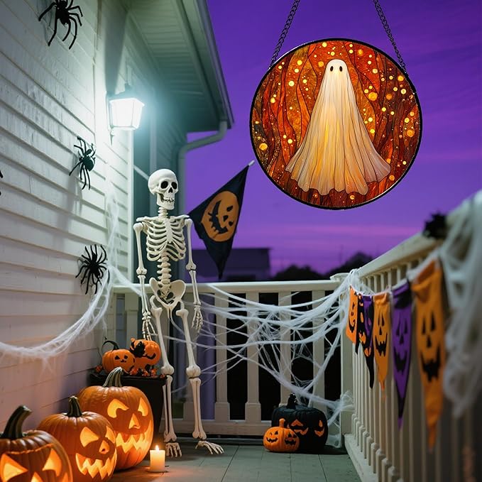 Stained Glass Window Hanging - Halloween Decoration Glowing Forest Ghost Suncatcher for Door Garden Spooky Orange Sun Catchers Gothic Decor Horror Gifts for Women Men Friend Boy Girl 15 in