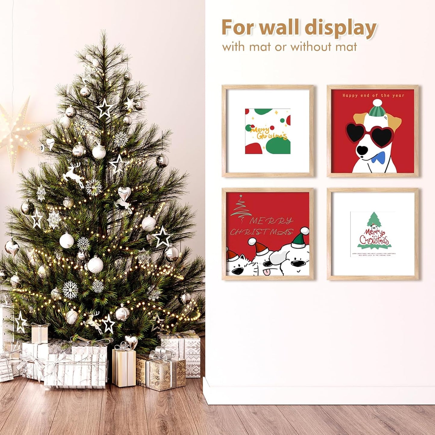 KINLINK 14x14 Picture Frame, Natural Square Solid Wood Frames for Pictures 8x8 with Mat or 14x14 without Mat, Wall Display Photo Frames Natural 4 Pack