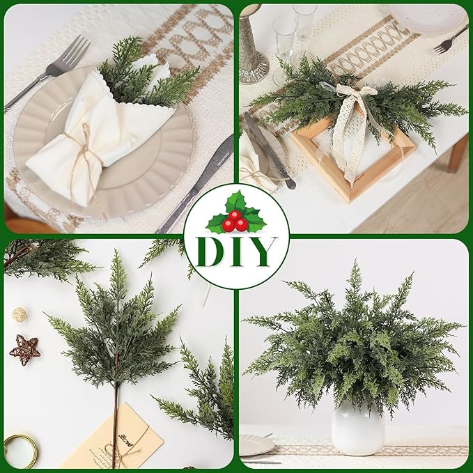 18" Real Touch Cedar Branches -24 Pcs, Artificial Christmas Cedar Branch Realistic Fake Pine Picks Faux Greenery Plants Stem for Vase DIY Crafts Garland Wreath Indoor Outdoor Home Decor