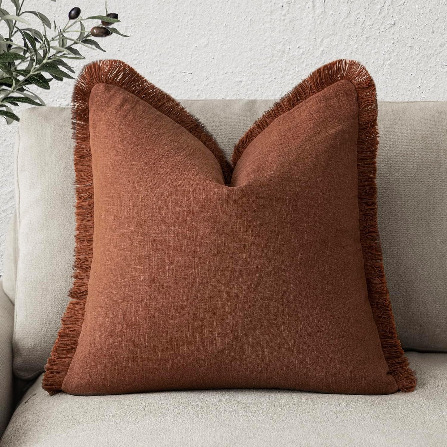 Foindtower Decorative Linen Fringe Throw Pillow Covers Boho Farmhouse Cushion Cover with Tassels Soft Accent Pillowcase for Chair Sofa Bed Living Room Home Decor, 24×24 Inch, 1PC,Fall Rust Orange
