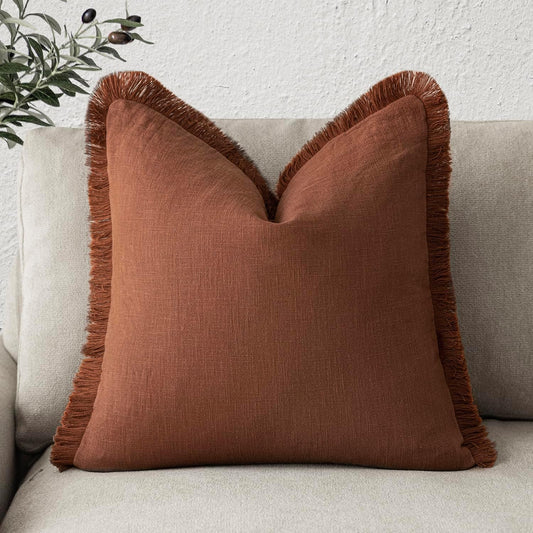 Foindtower Decorative Linen Fringe Throw Pillow Covers Boho Farmhouse Cushion Cover with Tassels Soft Accent Pillowcase for Chair Sofa Bed Living Room Home Decor, 24×24 Inch, 1PC,Fall Rust Orange