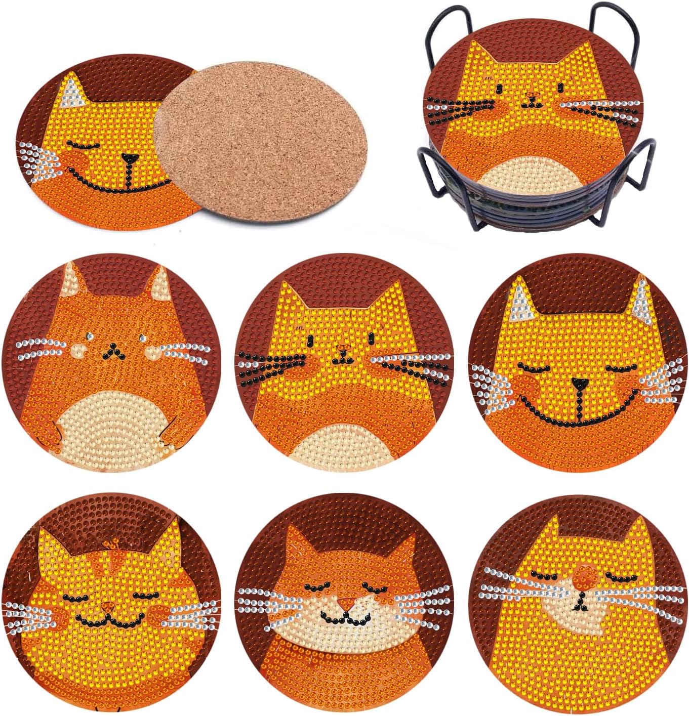 DOZEEZOP 6 PCS Diamond Art Coasters Kit, Diamond Painting Coasters with Holder, Fall Diamond Art Kits for Adults Beginners, Arts and Crafts Supplies Party Item Sets Cats