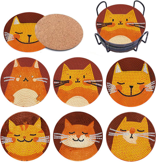 DOZEEZOP 6 PCS Diamond Art Coasters Kit, Diamond Painting Coasters with Holder, Fall Diamond Art Kits for Adults Beginners, Arts and Crafts Supplies Party Item Sets Cats