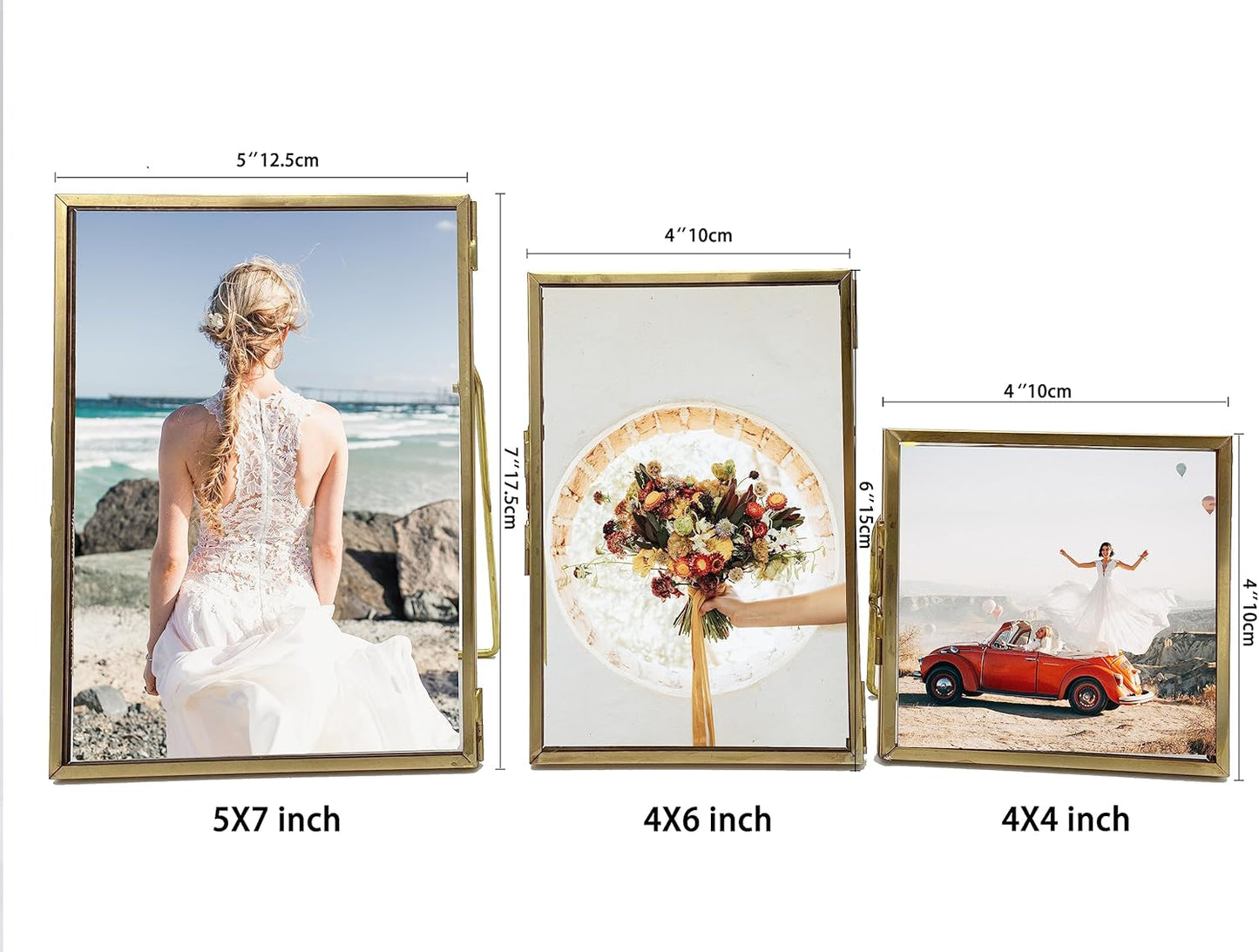 Gold Picture Frame - 4x6 Antique Brass Postcard Picture Frame for Desk - Small Pressed Glass Frame for Pressed Flowers - Floating Vertical (3 different sizes (4 * 4, 4 * 6, 5 * 7))