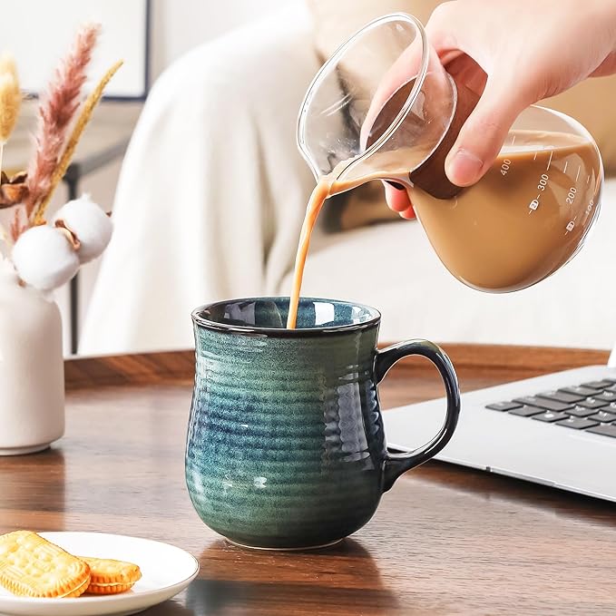 21 oz Large Ceramic Coffee Mugs, Pottery Mug Handmade, Ceramic Tea Cups with Handle for Office and Home, Dishwasher and Microwave Safe (Green)