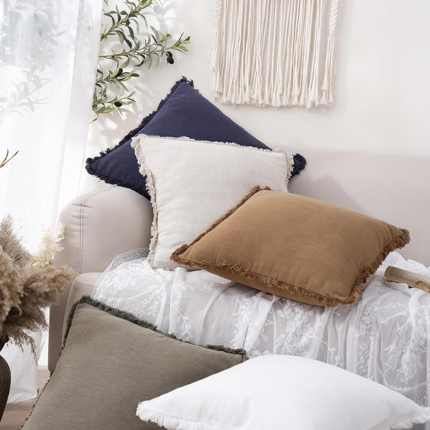 Foindtower Decorative Linen Fringe Throw Pillow Covers Cozy Boho Farmhouse Cushion Cover with Tassels Soft Accent Pillowcase for Chair Sofa Bed Living Room Home Decor, 22×22 Inch, 1PC, Khaki Brown