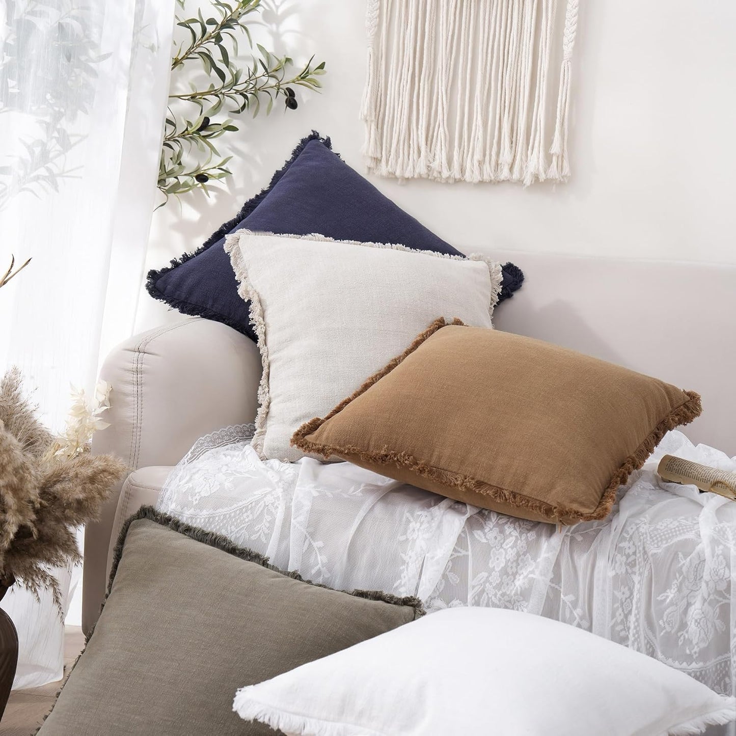 Foindtower Decorative Linen Fringe Lumbar Throw Pillow Covers Cozy Boho Farmhouse Cushion Cover with Tassel Soft Accent Pillowcase for Sofa Bed Living Room Home Decor, 12×20 Inch, 1PC, Khaki Brown