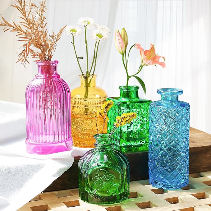 Colored Glass Bud Vases Set of 24, Vintage Small Vases for Flowers, Crystal Mini Glasses in Bulk, Small Flower Design for Centerpieces Wedding Decorations Home Flower Party Decor