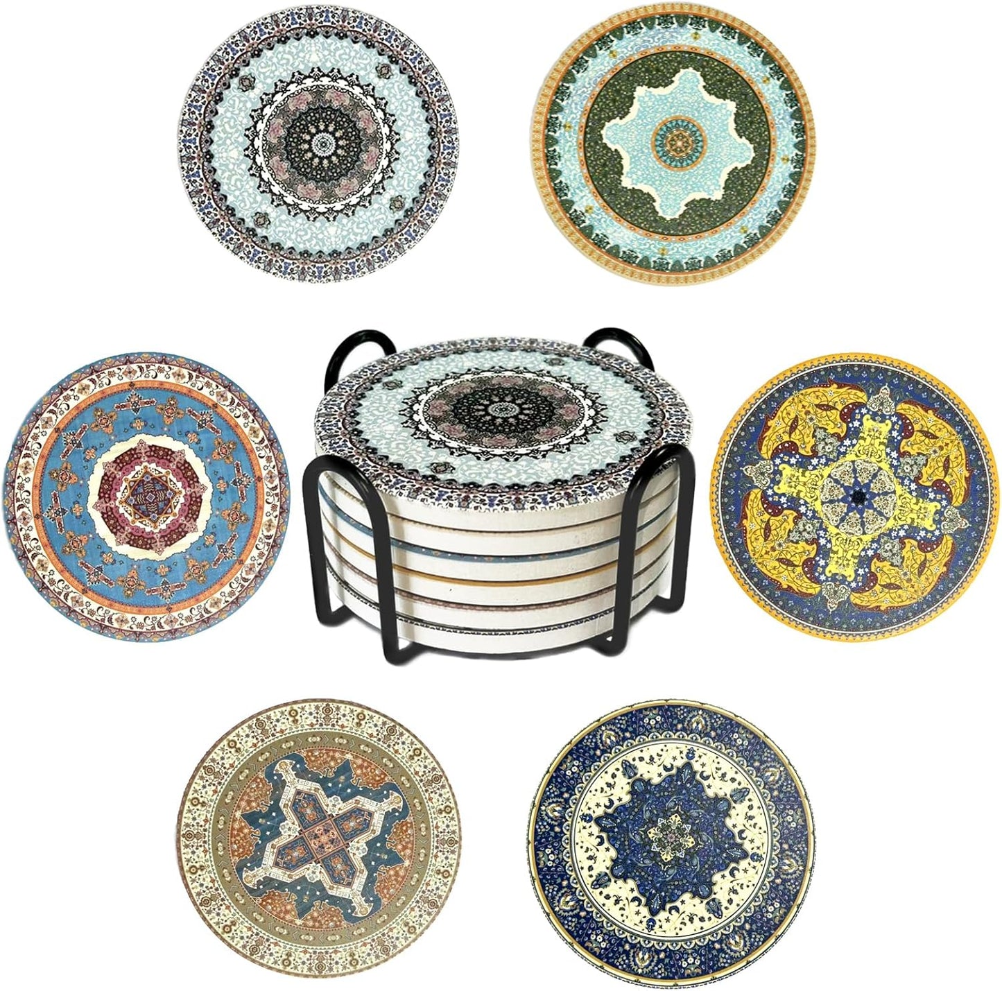Coasters Absorbent Ceramic Coaster Drink Coasters with Cork Back Persian Pattern Set of 6 Round Coaster Non Slip for Coffee Table Wine Glass Home Bar 4 Inch, Colorful