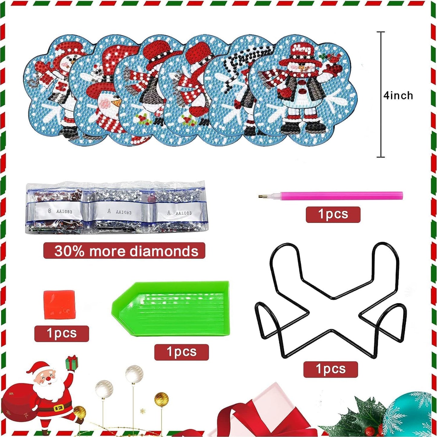 Meothan 6 Pcs Diamond Art Coaster Kits With Holder - Christmas Snowman Diamond Painting for Adults Beginners - 5D Gem Art Dots Paintings With Cork Pads - Crafts Supplies